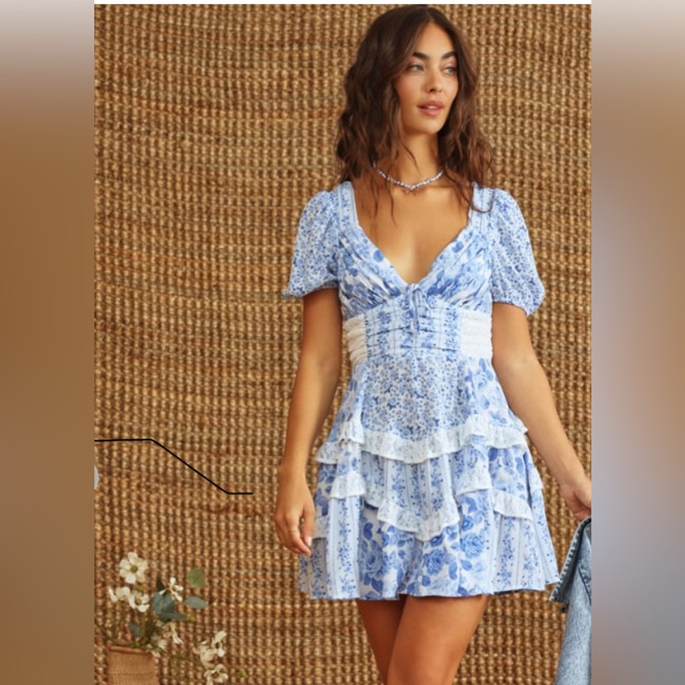 Altar'd State Blue and White Patterned Midi Dress